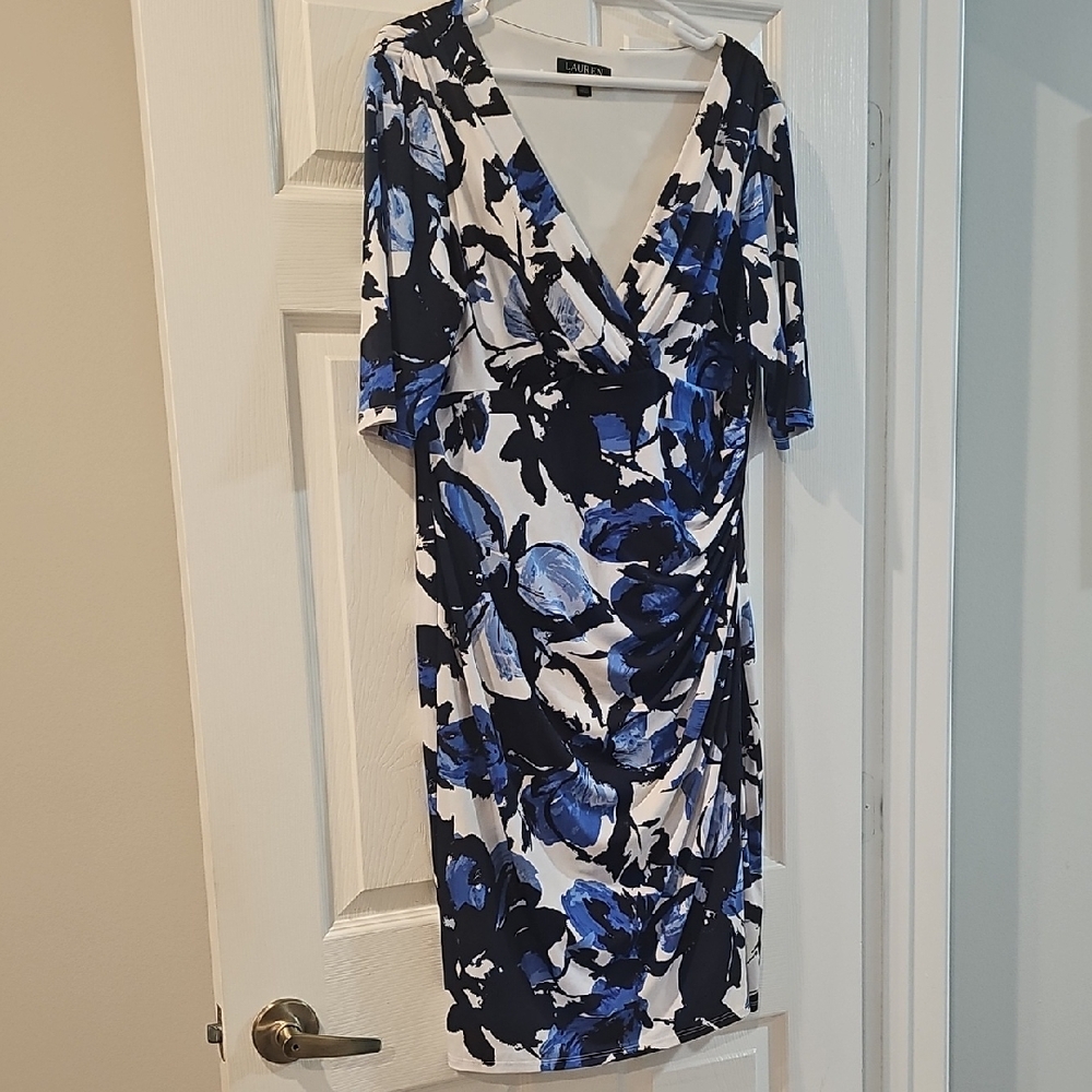 Lauren Ralph Lauren Blue, Navy & White Floral Wrap Midi Dress